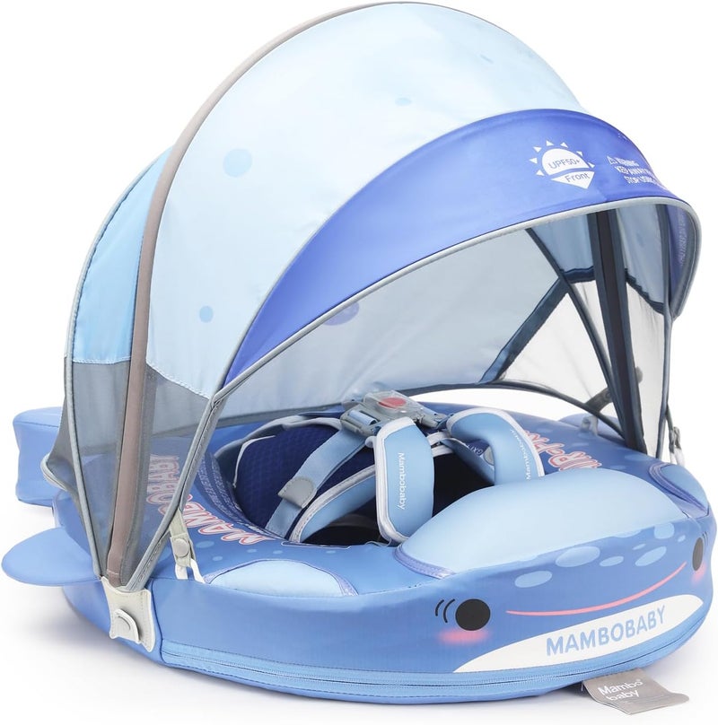 28°C Mambobaby Baby Pool Float with Canopy & Tail Baby Swim Float Non-Inflatable Solid Baby Float Soft Waterproof Skin-Friendly Material Infant Swim Float for 3-24 Months Baby Boys Girls(Shark) - Image 1